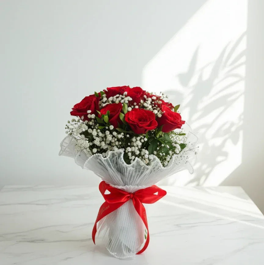 Fresh Red Roses Hand Bouquet with White Gypsophila Wrap and Black Ribbon - atfleurs