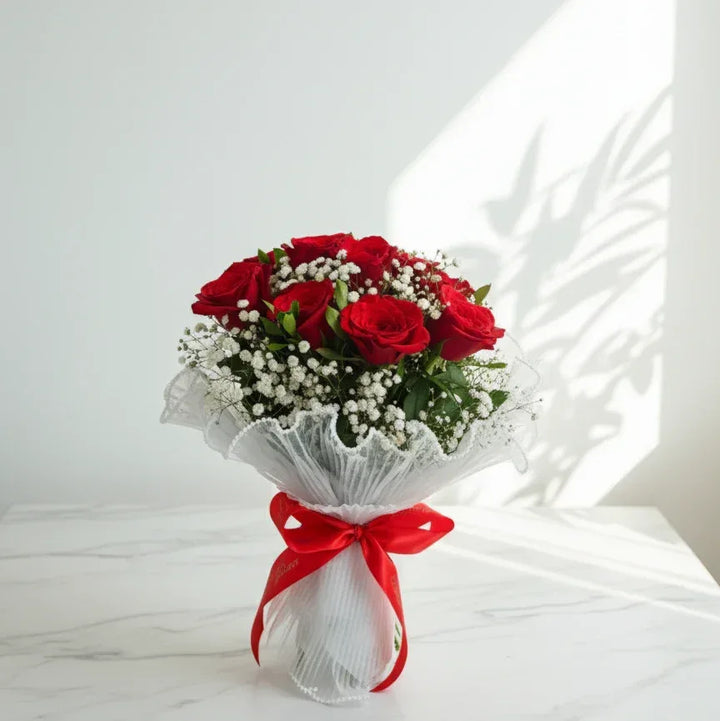 Fresh Red Roses Hand Bouquet with White Gypsophila Wrap and Black Ribbon - atfleurs