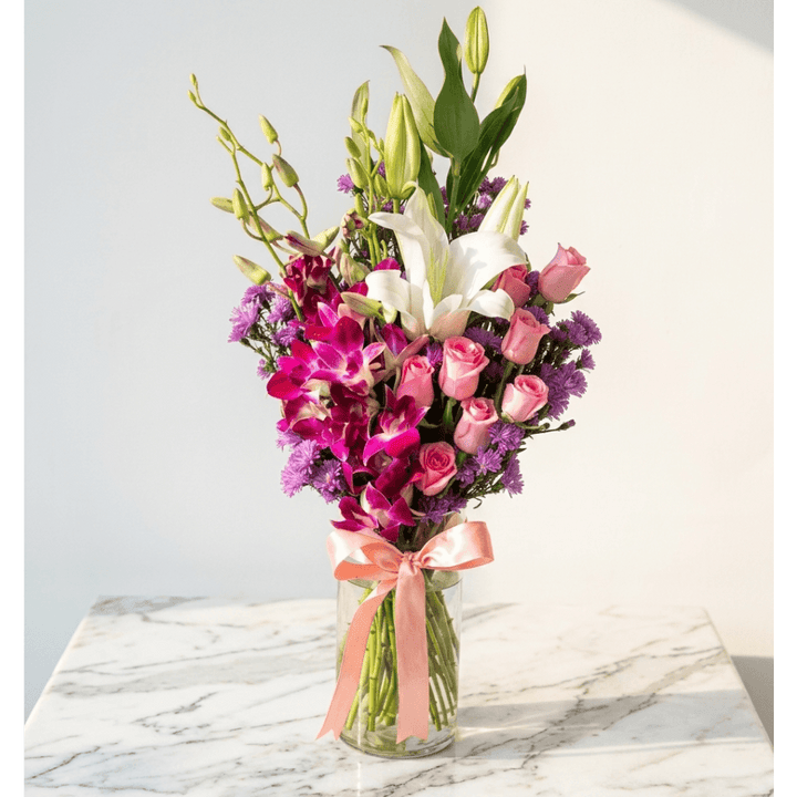 Orchid and Lily Bouquet with Pink Roses