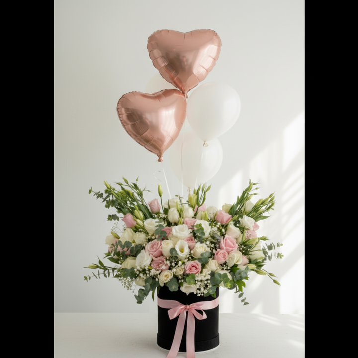 Rose Box Arrangement with Heart Balloons