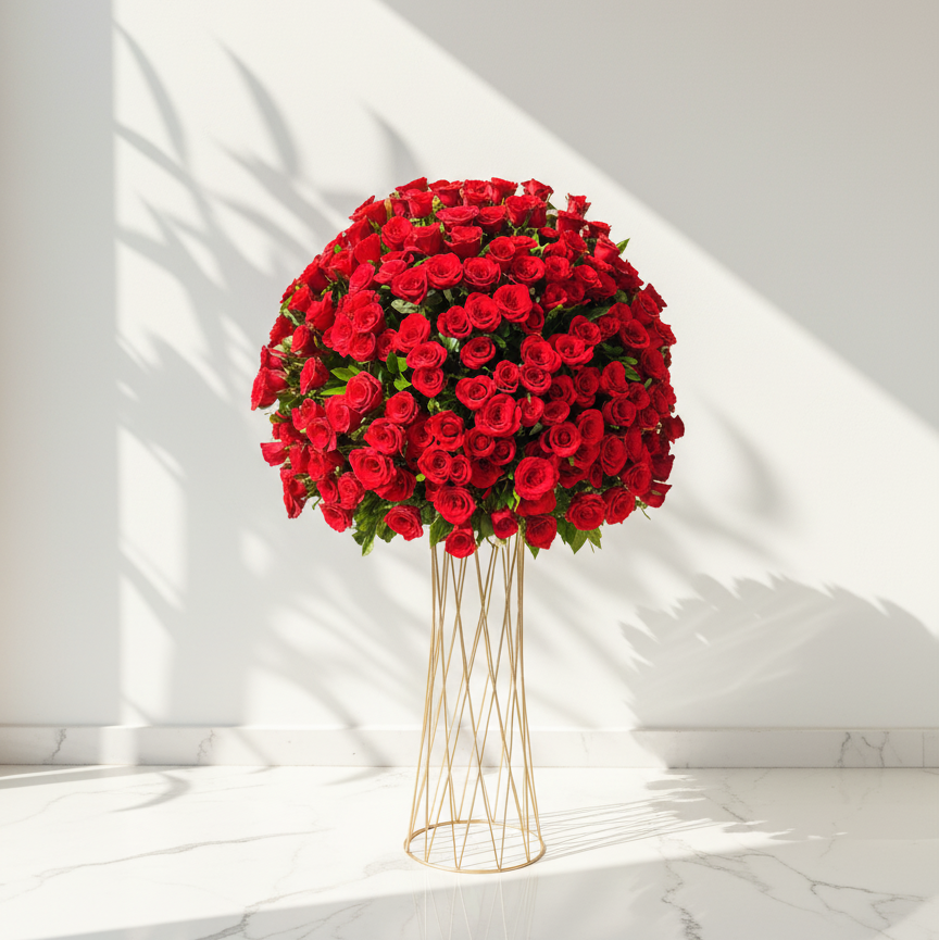 Bouquet of red roses in a gold vase on a white marble surface with a white wall background