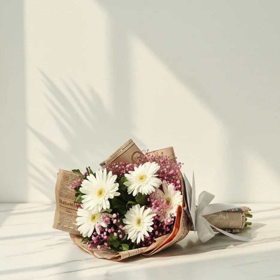 Rustic Gerbera Daisy and Gypsophila Bouquet - atfleurs