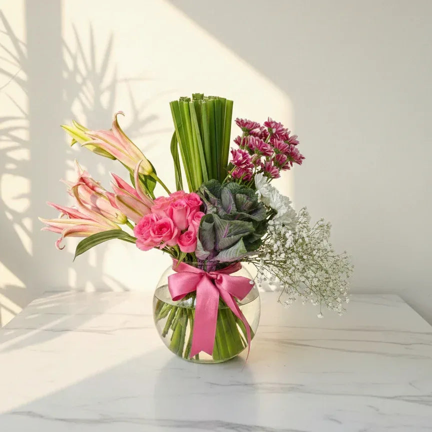 Pink Roses and Lilies Bouquet with Baby’s Breath - atfleurs