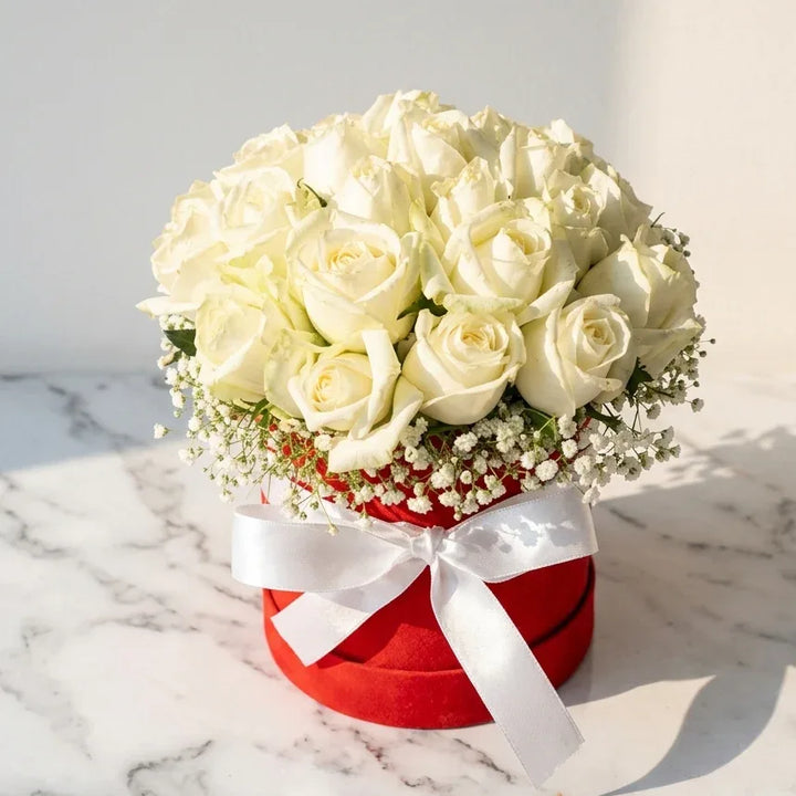 flower bouquet by Atfleurs | floral arrangement | White Roses | Fancy Bouquet | Hand Bouquet | box 