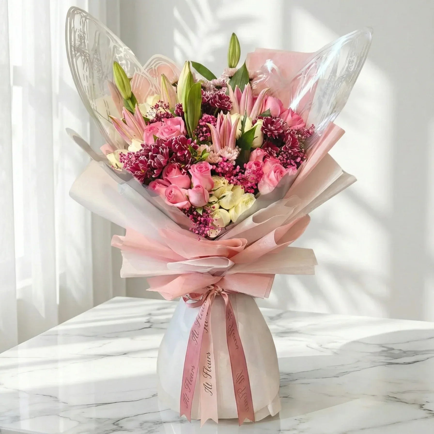 Pink Lily Bouquet with Roses - atfleurs