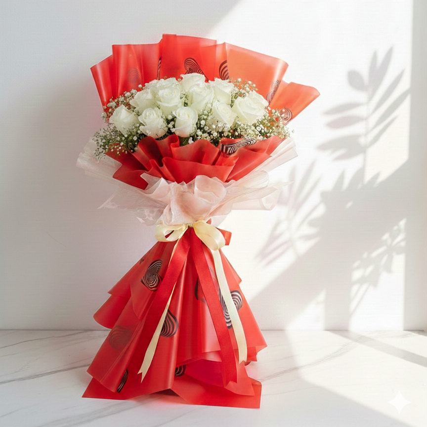 Red Roses Bouquet with Green Leaves