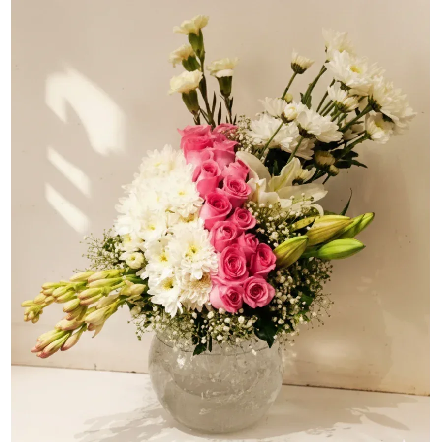 Pink Rose Bouquet with White Chrysanthemums - atfleurs