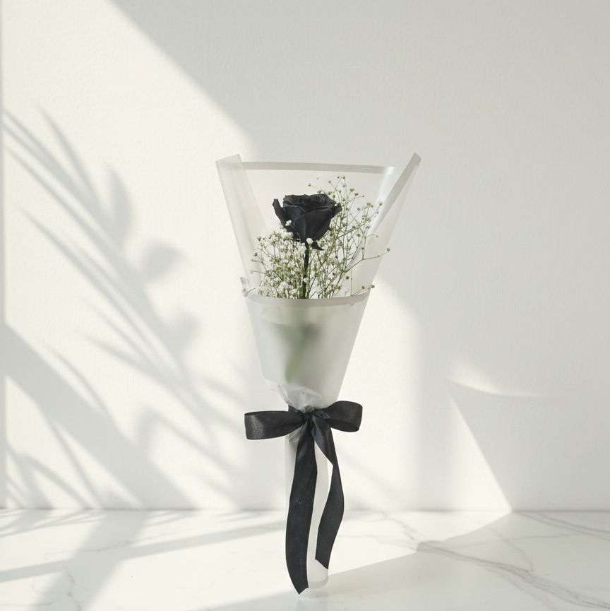 Bouquet with a single black rose and baby's breath in a clear vase on a white background