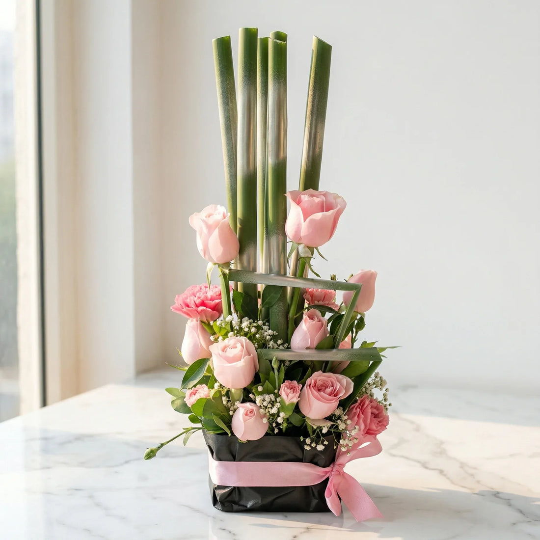 flower bouquet by Atfleurs | floral arrangement | Fancy Bouquet | Hand Bouquet | pink roses floral vase arrangement