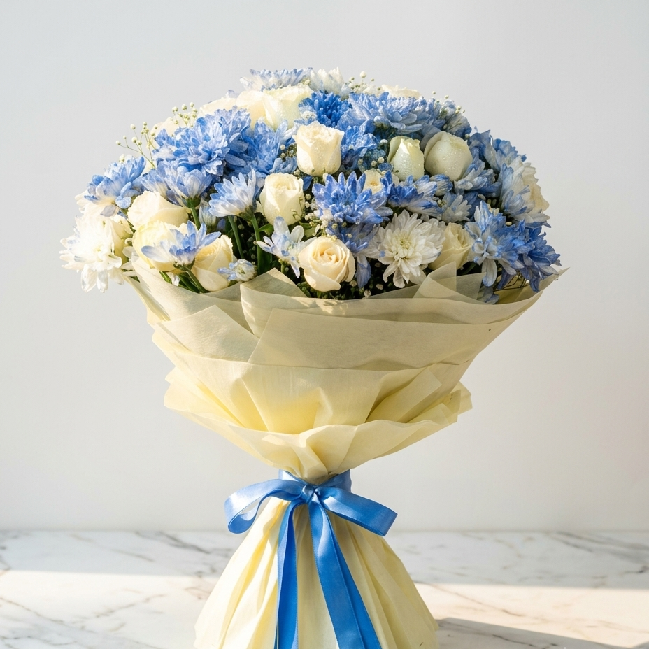 Blue Chrysanthemum Bouquet with White Roses