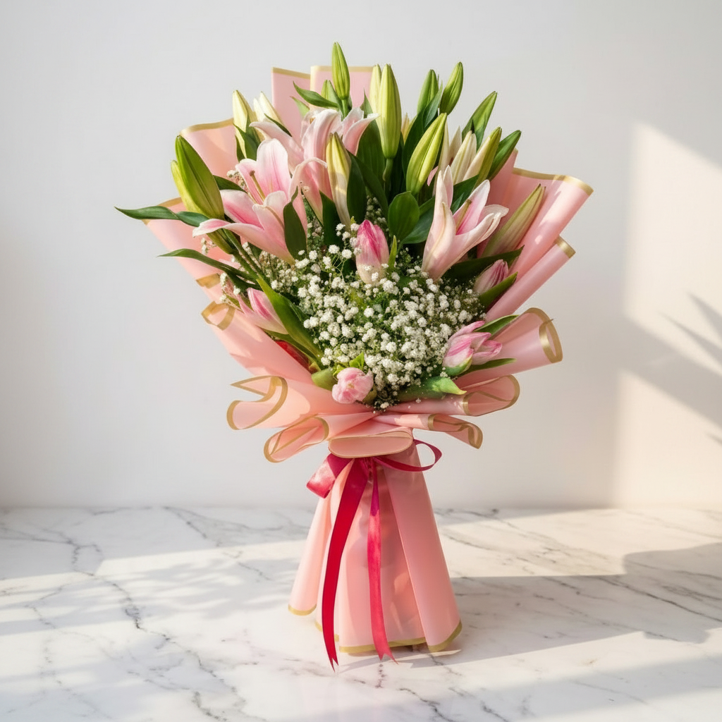 Pink Lilies and Pink Tulips Bouquet with Baby’s Breath