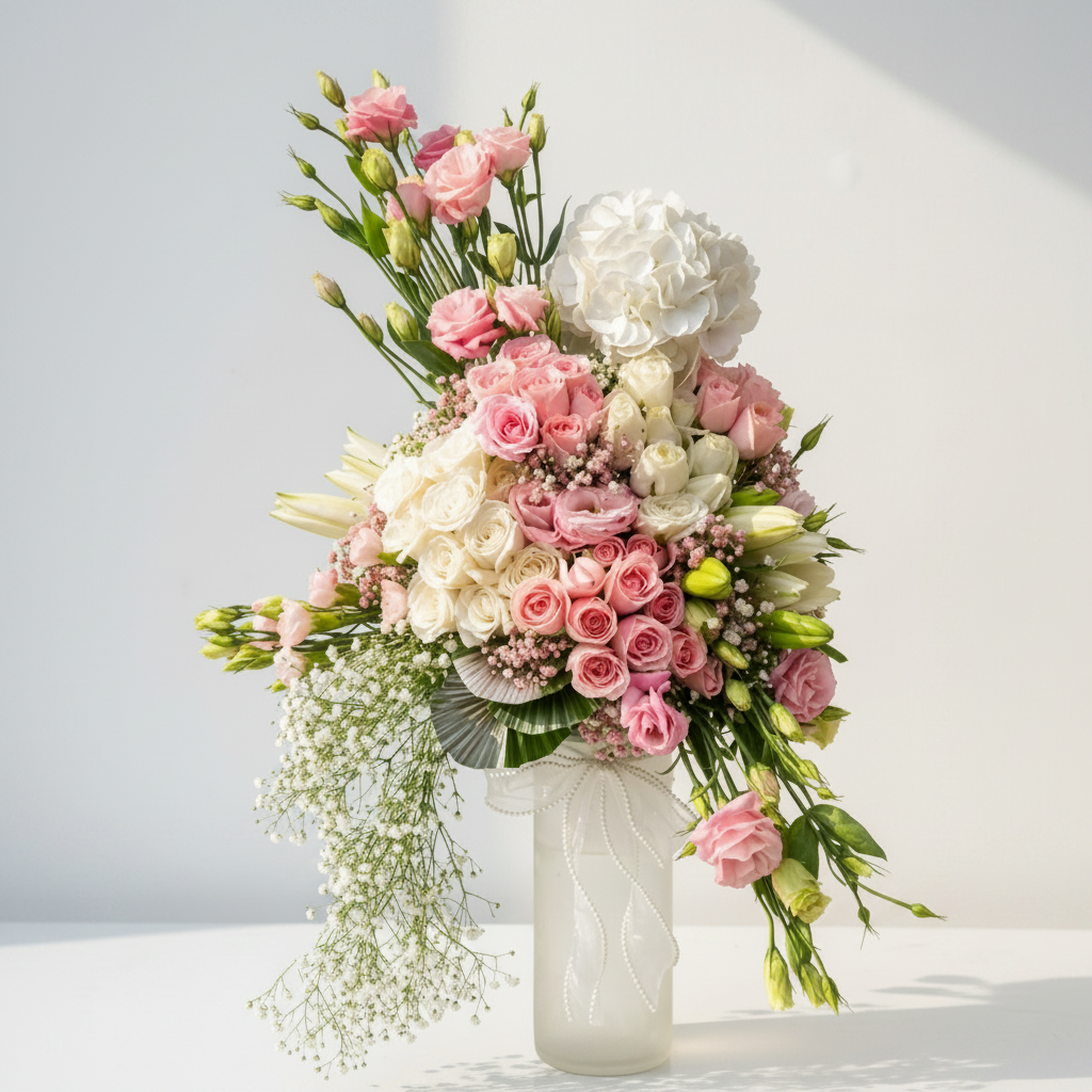 Fresh white oriental lilies and gypsophila baby’s breath in a matte black cylindrical box with a grey satin ribbon by At Fleurs Bandra Mumbai
