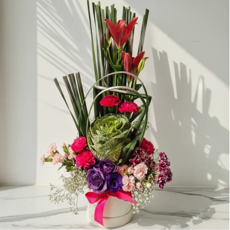 Red Lilies Bouquet with Mixed Roses - atfleurs