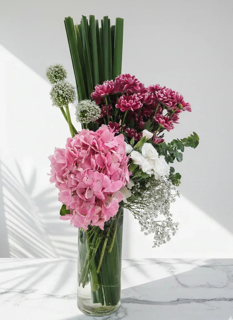 Pink Hydrangea & Chrysanthemum Bouquet with Eucalyptu - atfleurs