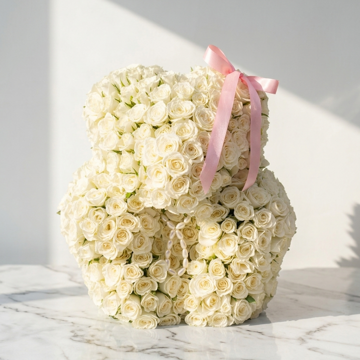 White Rose Teddy with Pearl Accents