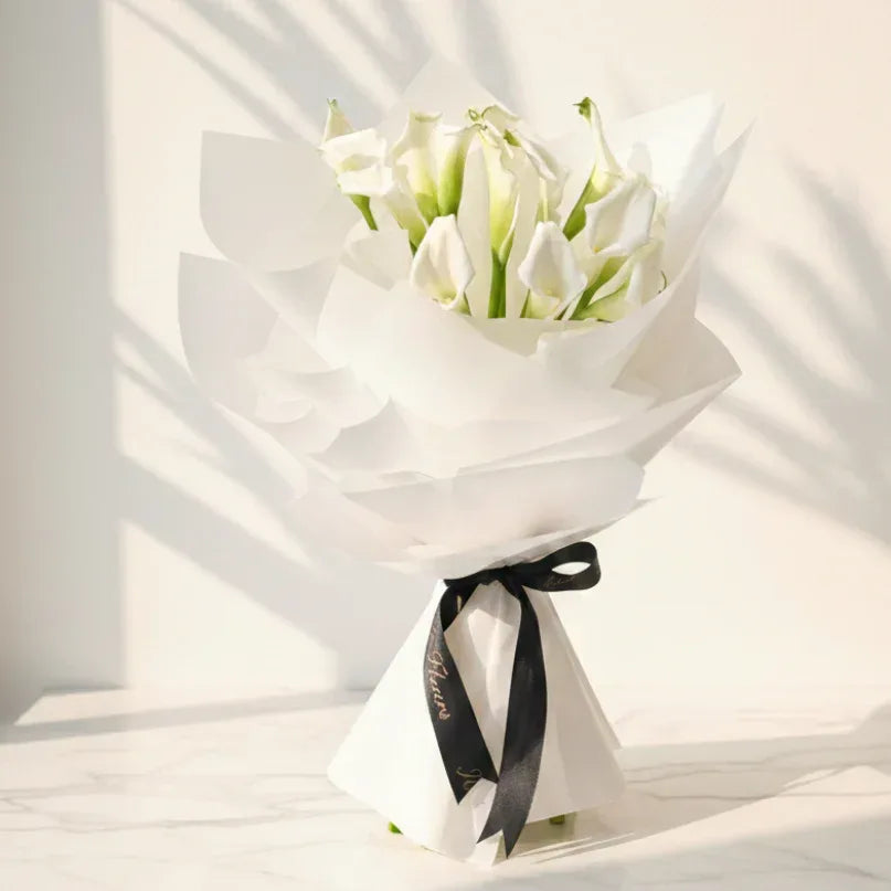 White Calla Lilies Bouquet with Green Foliage - atfleurs