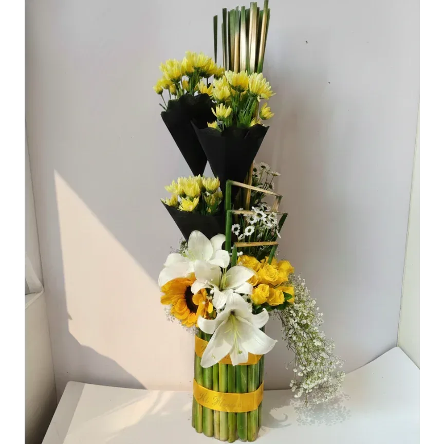 White Lilies and Sunflowers Bouquet with Baby’s Breath - atfleurs