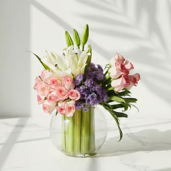 Pink Roses and White Lilies Bouquet with Purple Statice - atfleurs