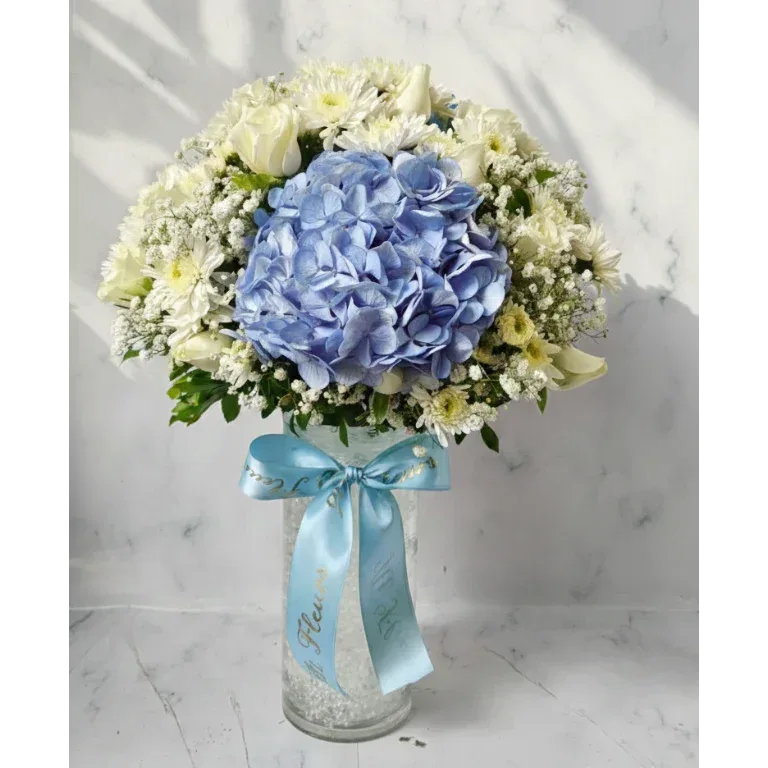 Blue Hydrangea Bouquet with White Roses - atfleurs