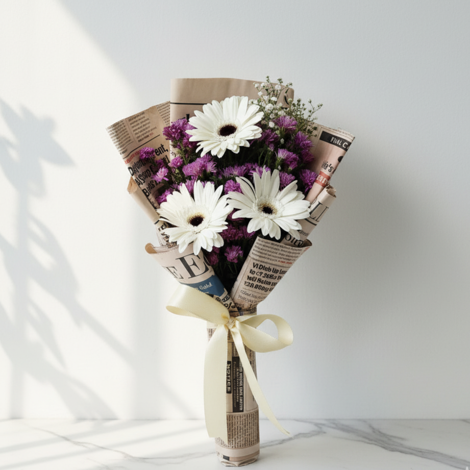 White Gerberas and Purple Button Flowers in Newspaper Wrap