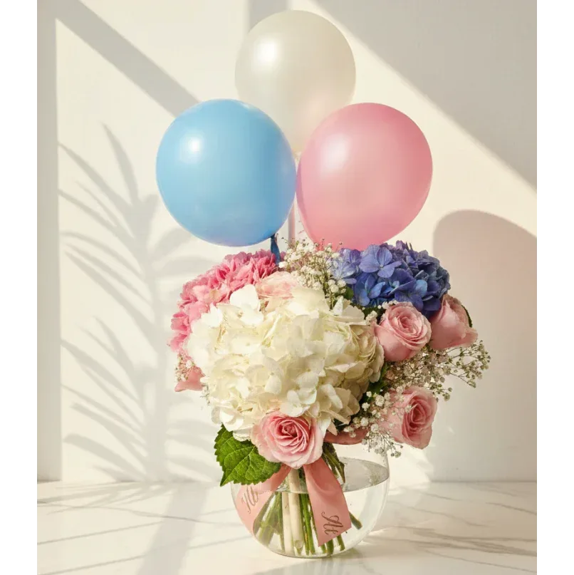 Hydrangeas and Roses Bouquet with Baby’s Breath - atfleurs