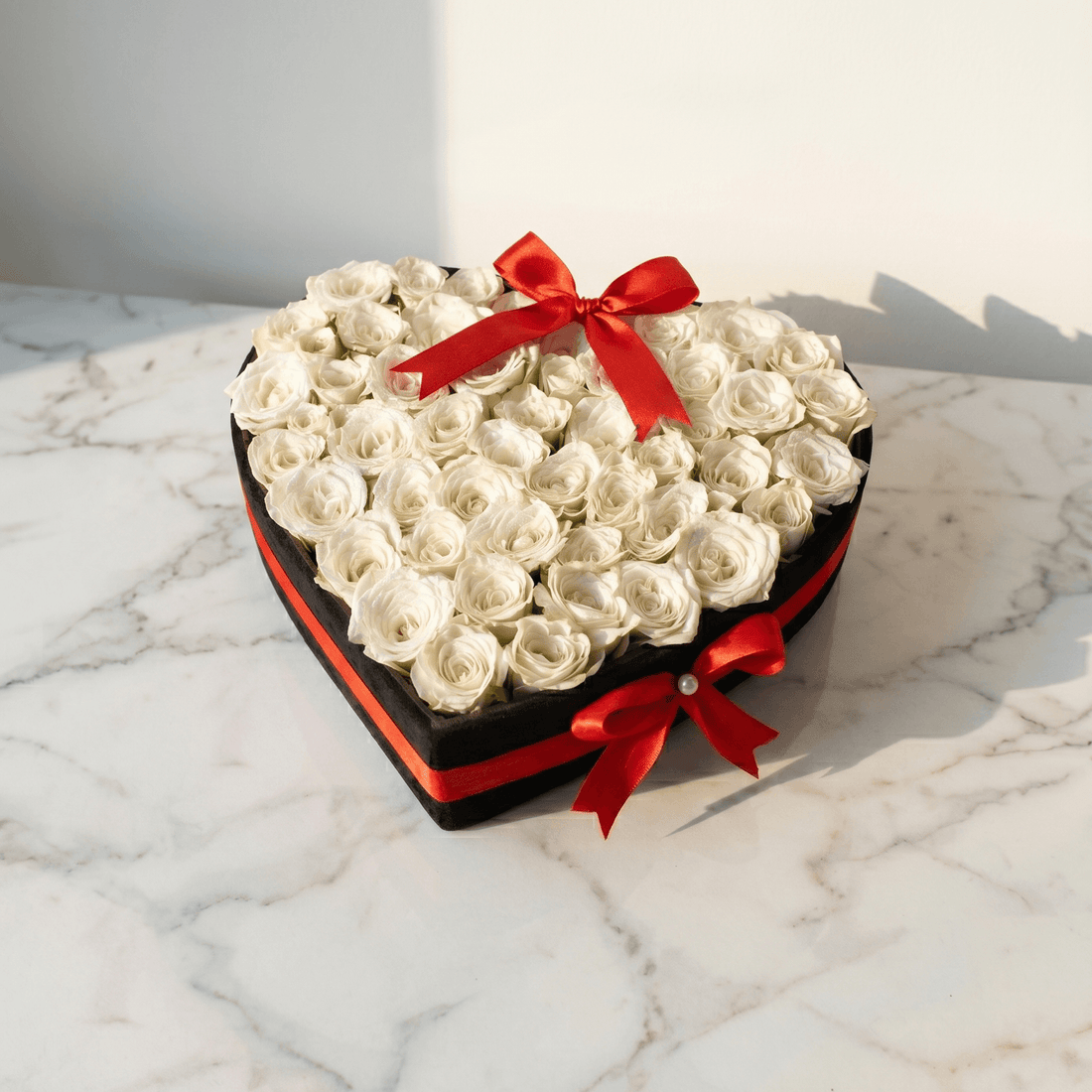 Classic White Roses in Heart Box - atfleurs
