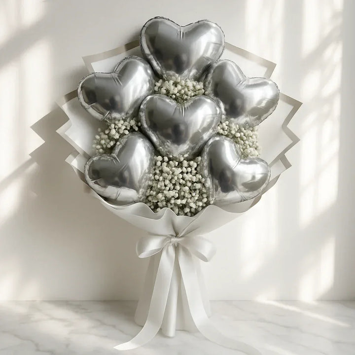 Silver Heart Balloon Bouquet with Gypso Flowers - atfleurs
