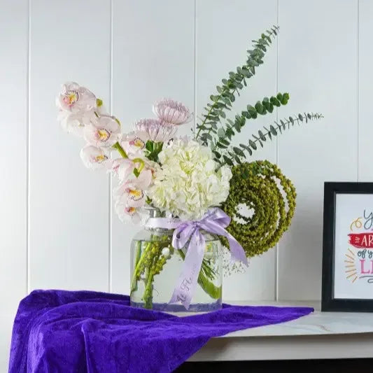 Hydrangea with Cymbidium Orchids Vase Arrangement - atfleurs