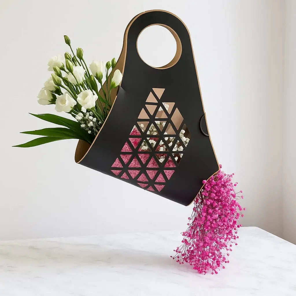 Carnation Roses and Gypso in Modern Black Gift Bag - atfleurs