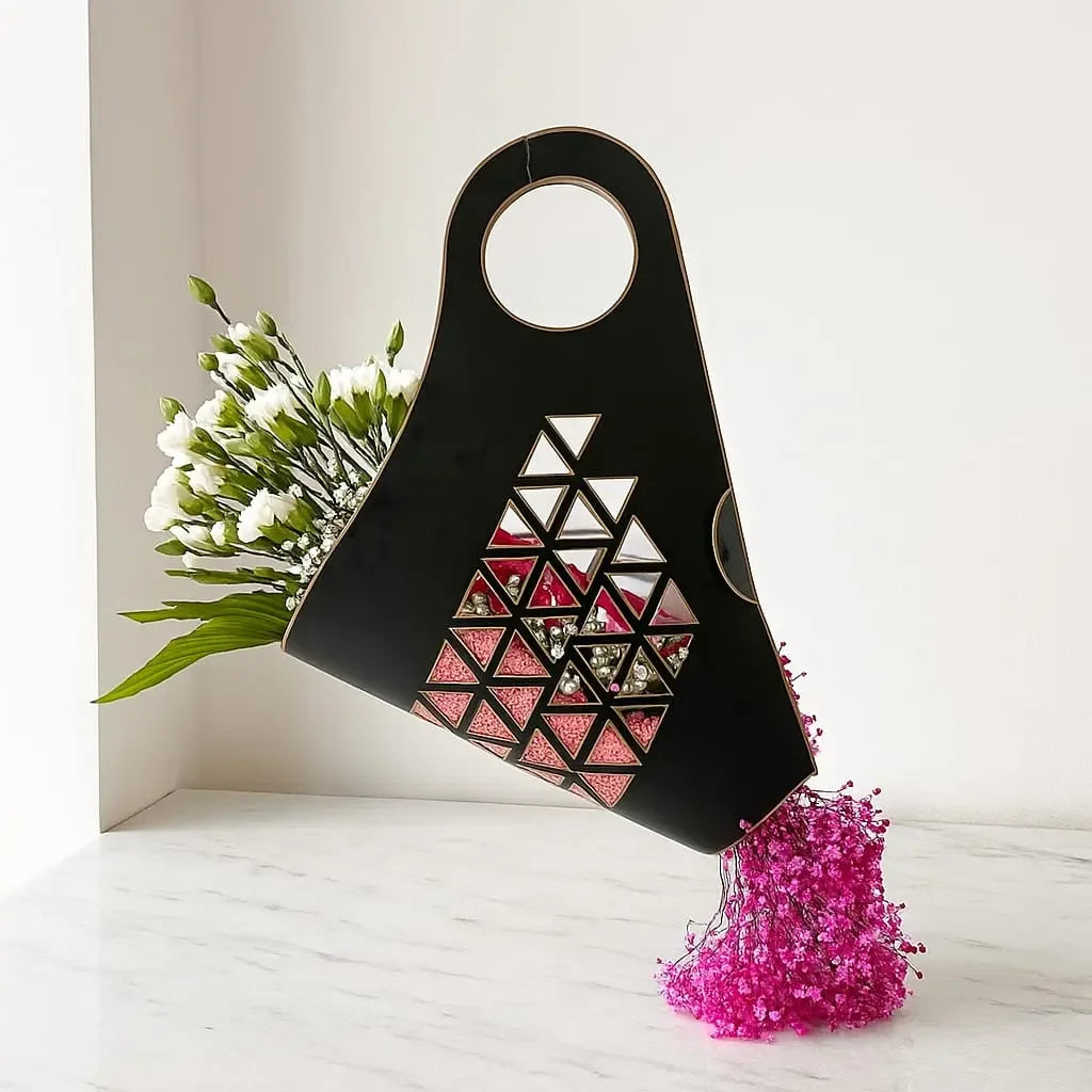 Carnation Roses and Gypso in Modern Black Gift Bag - atfleurs