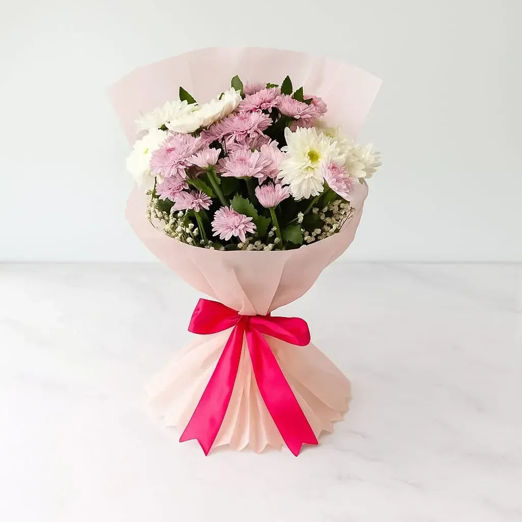 Pink and White Chrysanthemum Bouquet with Baby’s Breath - atfleurs