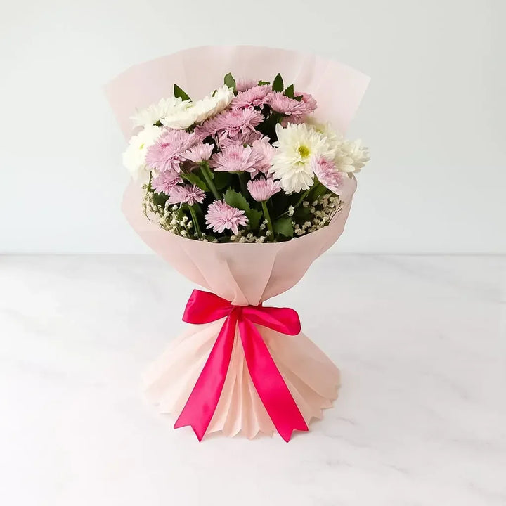 Pink and White Chrysanthemum Bouquet with Baby’s Breath - atfleurs