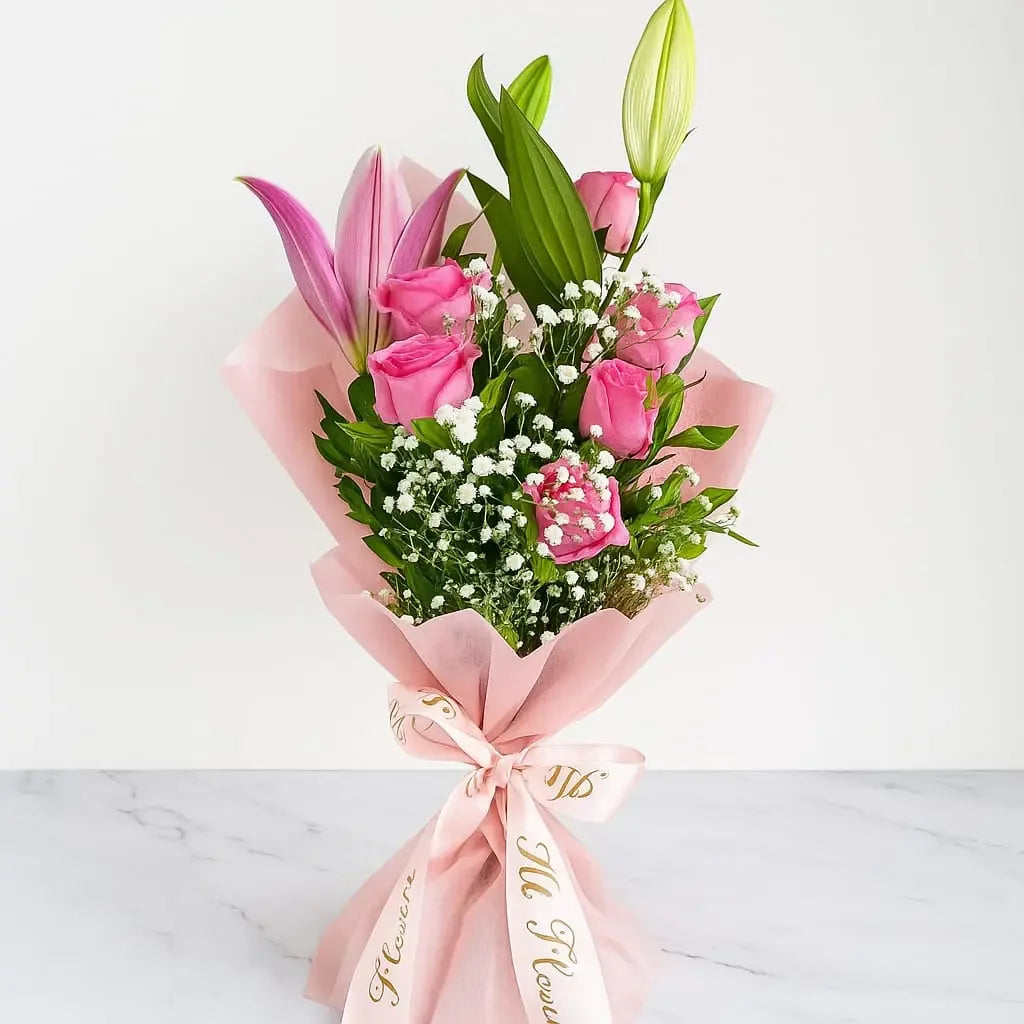 Pink Rose and Lily Hand Bouquet with Gypso - atfleurs