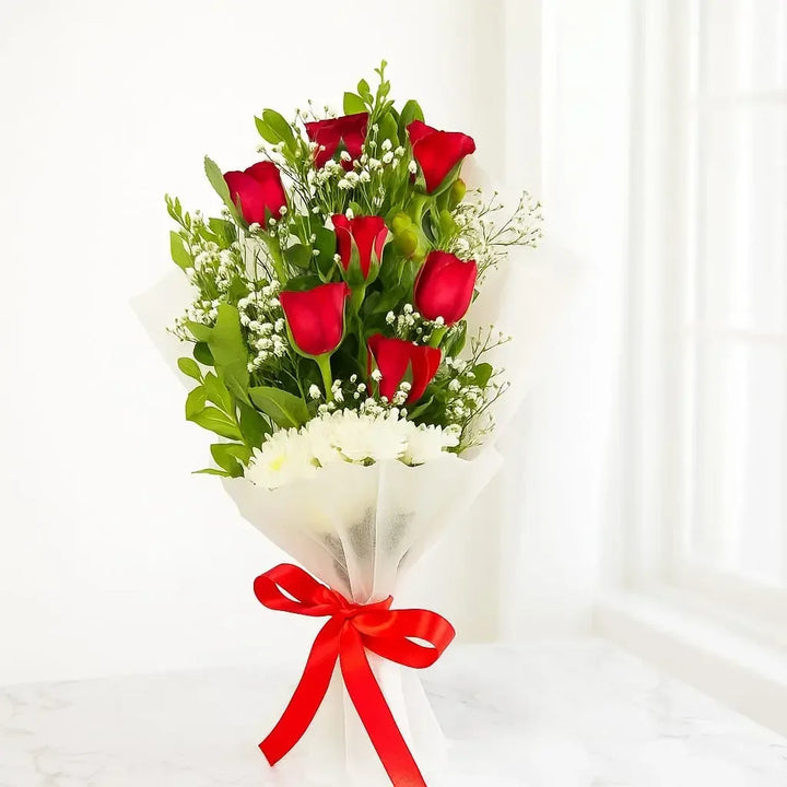 Red Rose and Chrysanthemum Bouquet with Gypso - atfleurs