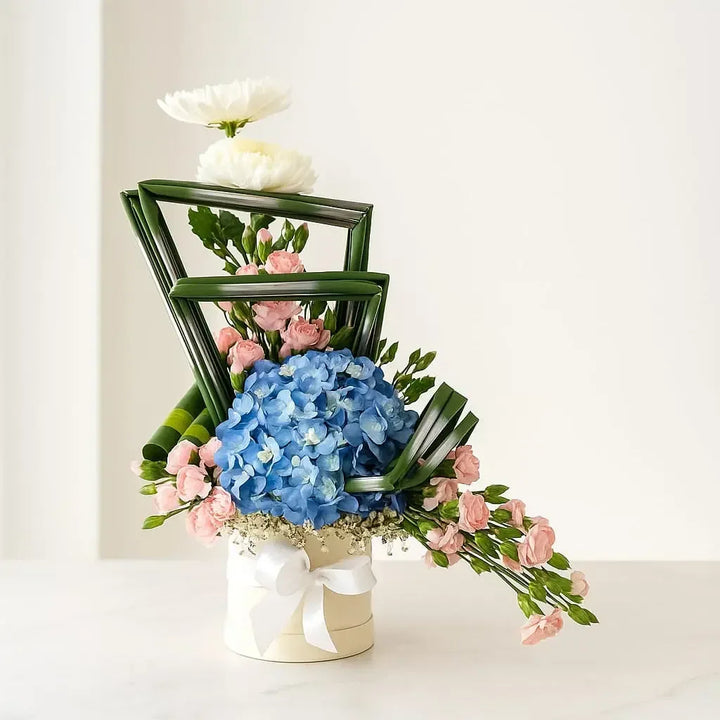 Blue Hydrangea Pink Carnation Floral Box Arrangement with Green Leaves - atfleurs