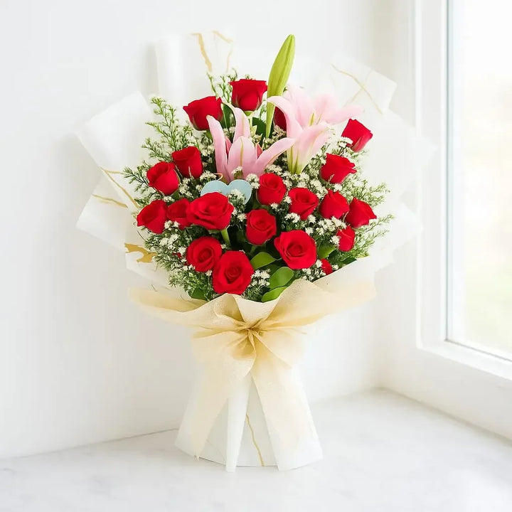 Pink Lilies and Red Roses with Gypso Hand Bouquet - atfleurs