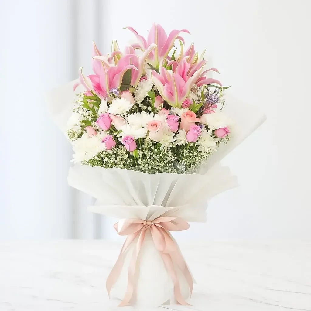 Pink Lilies and Chrysanthemum Bouquet with Gypso - atfleurs
