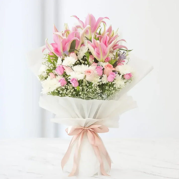 Pink Lilies and Chrysanthemum Bouquet with Gypso - atfleurs