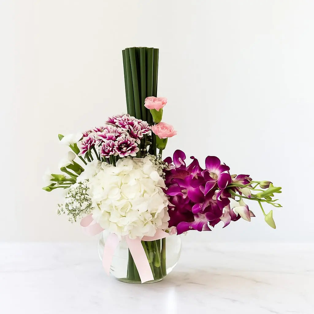 Hydrangea, Orchid, Chrysanthemum, Carnation & Gypsophila Vase Arrangement