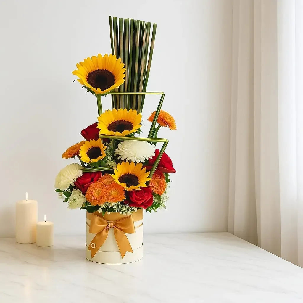 Bright Sunflower and Rose Box Arrangement - atfleurs