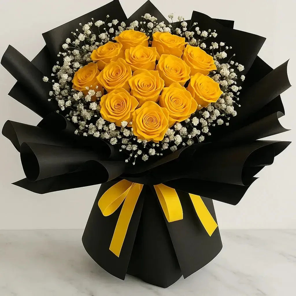 13 Yellow Roses with Baby’s Breath - atfleurs