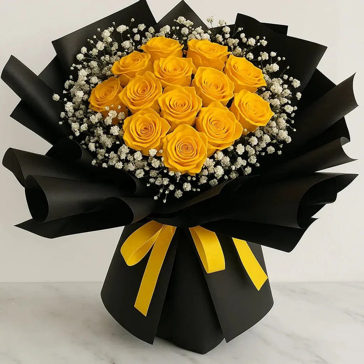 13 Yellow Roses with Baby’s Breath atfleurs