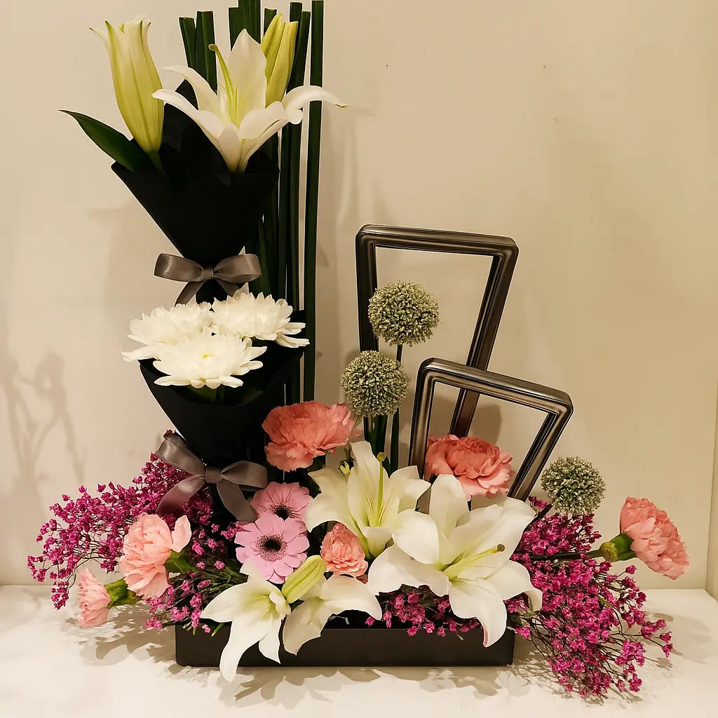 Lily, Carnation & Gypso Helium Arrangement atfleurs