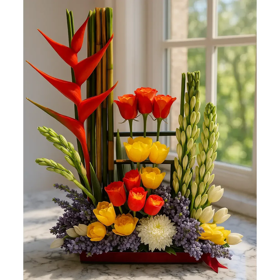 Bird of Paradise Rajnigandha and Rose Arrangement - atfleurs