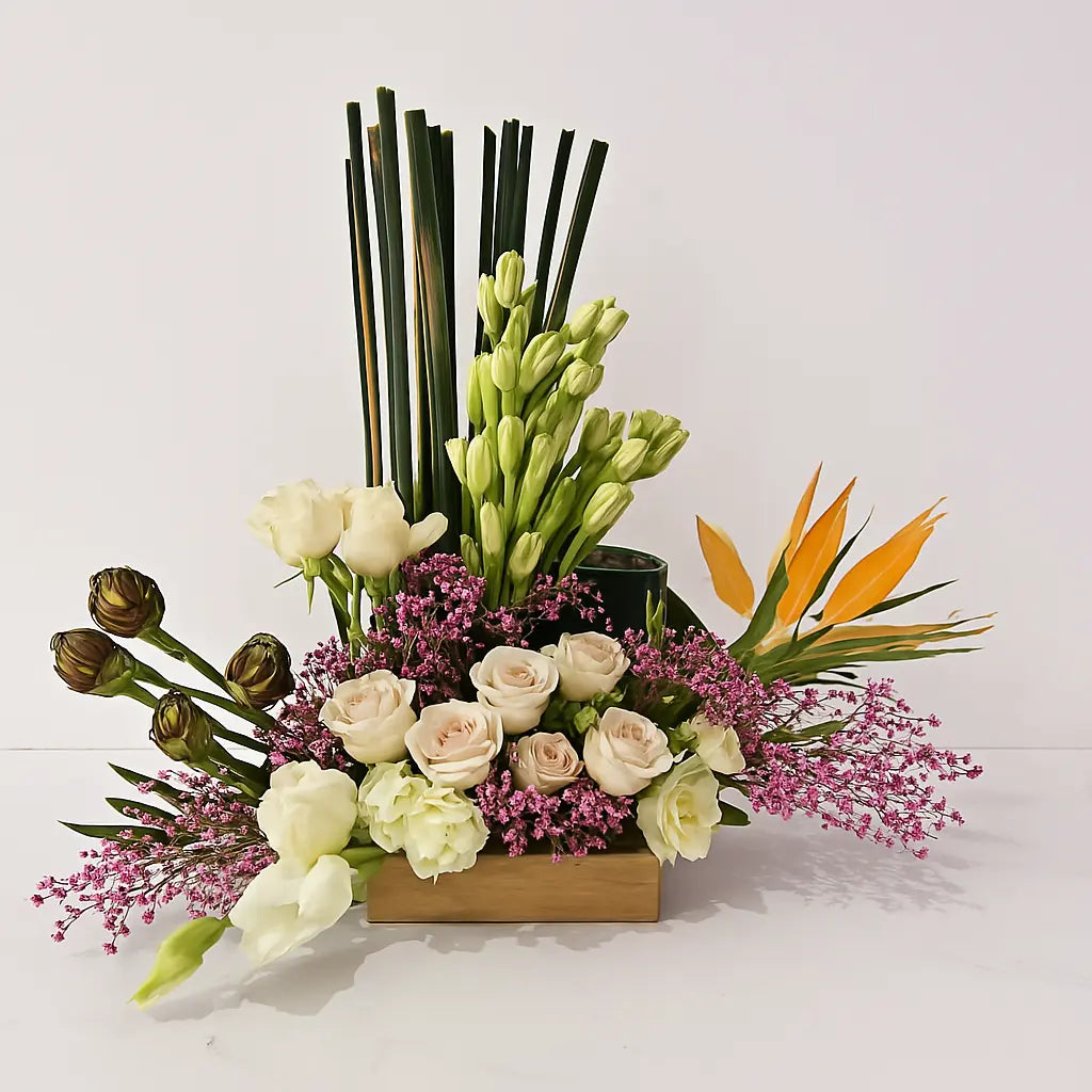 Elegant Eustoma, Pink Roses & Rajnigandha Arrangement atfleurs