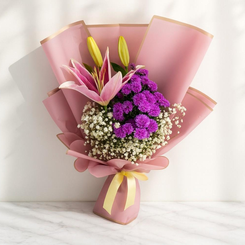 Pink Lily and Purple Aster Bouquet