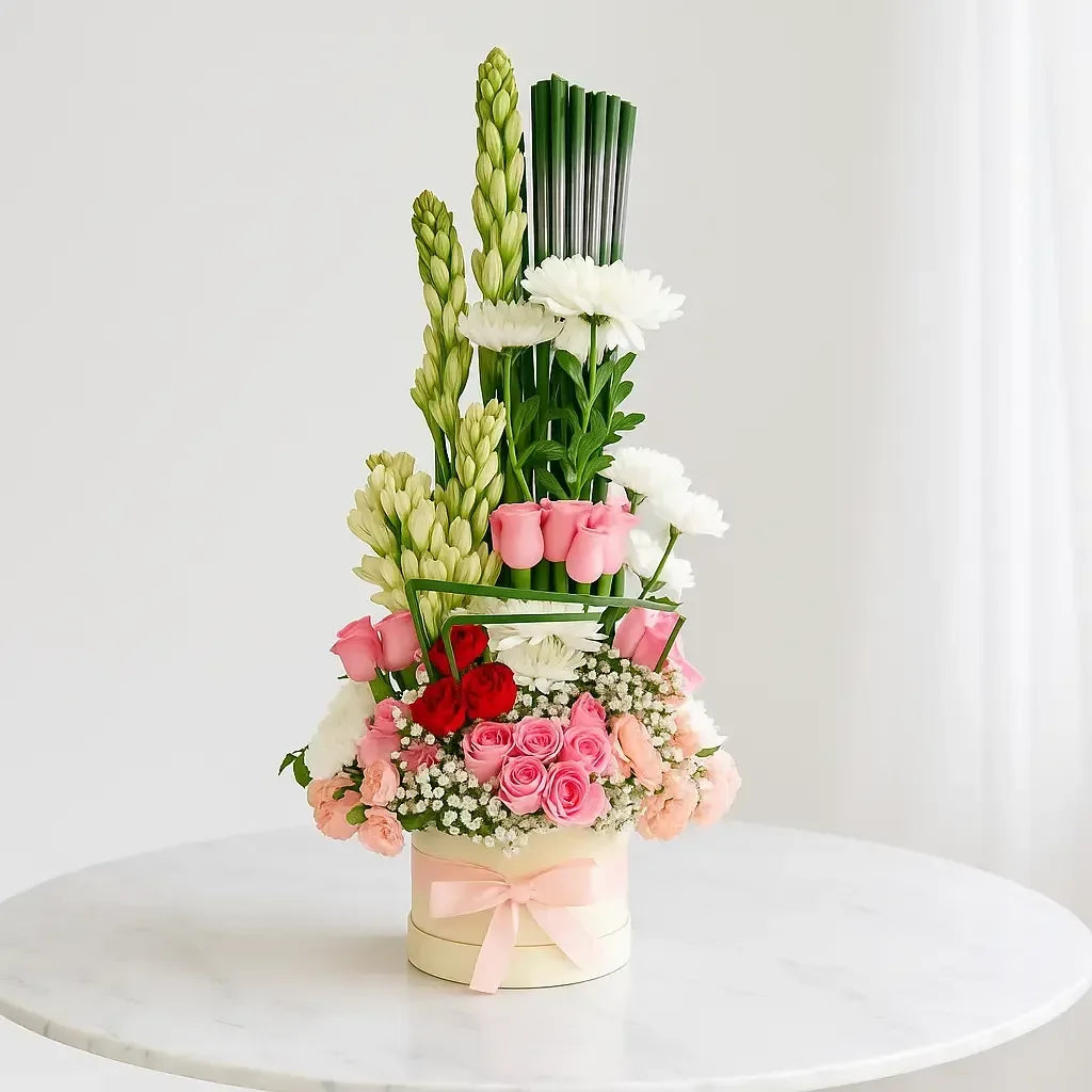 Pink Rose and Rajnigandha Box with Carnations and Chrysanthemums - atfleurs
