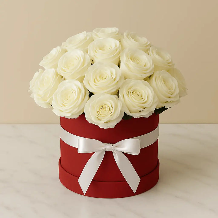 20 White Roses in Graceful Round Box