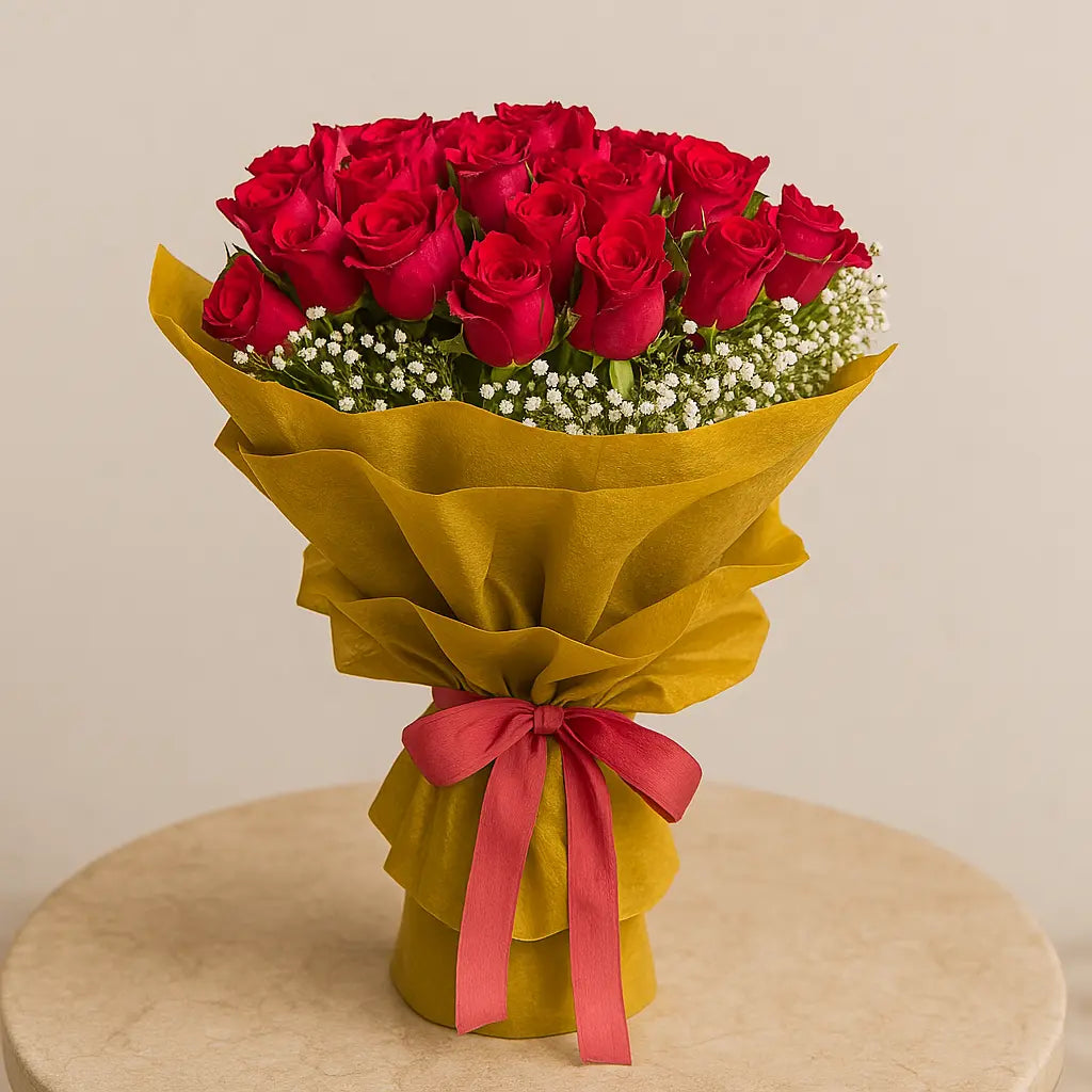 30 Red Rose Hand Bunch with Baby’s Breath atfleurs