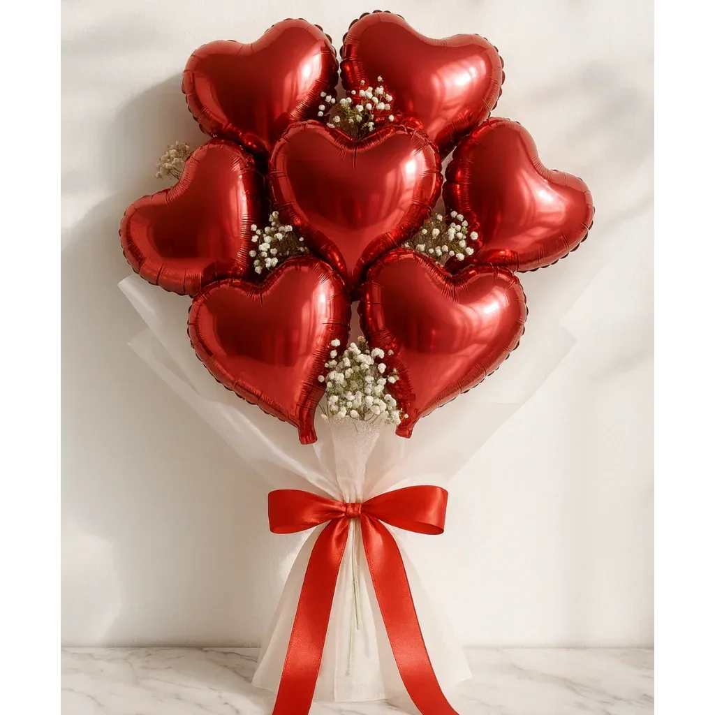 Red Heart Balloon Bouquet with Gypso Flowers - atfleurs